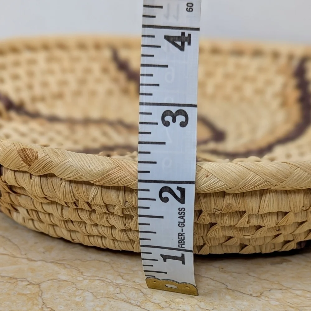 Vintage Woven Coil Handmade Round Tan & Brown Pinwheel Basket Harvest Bowl